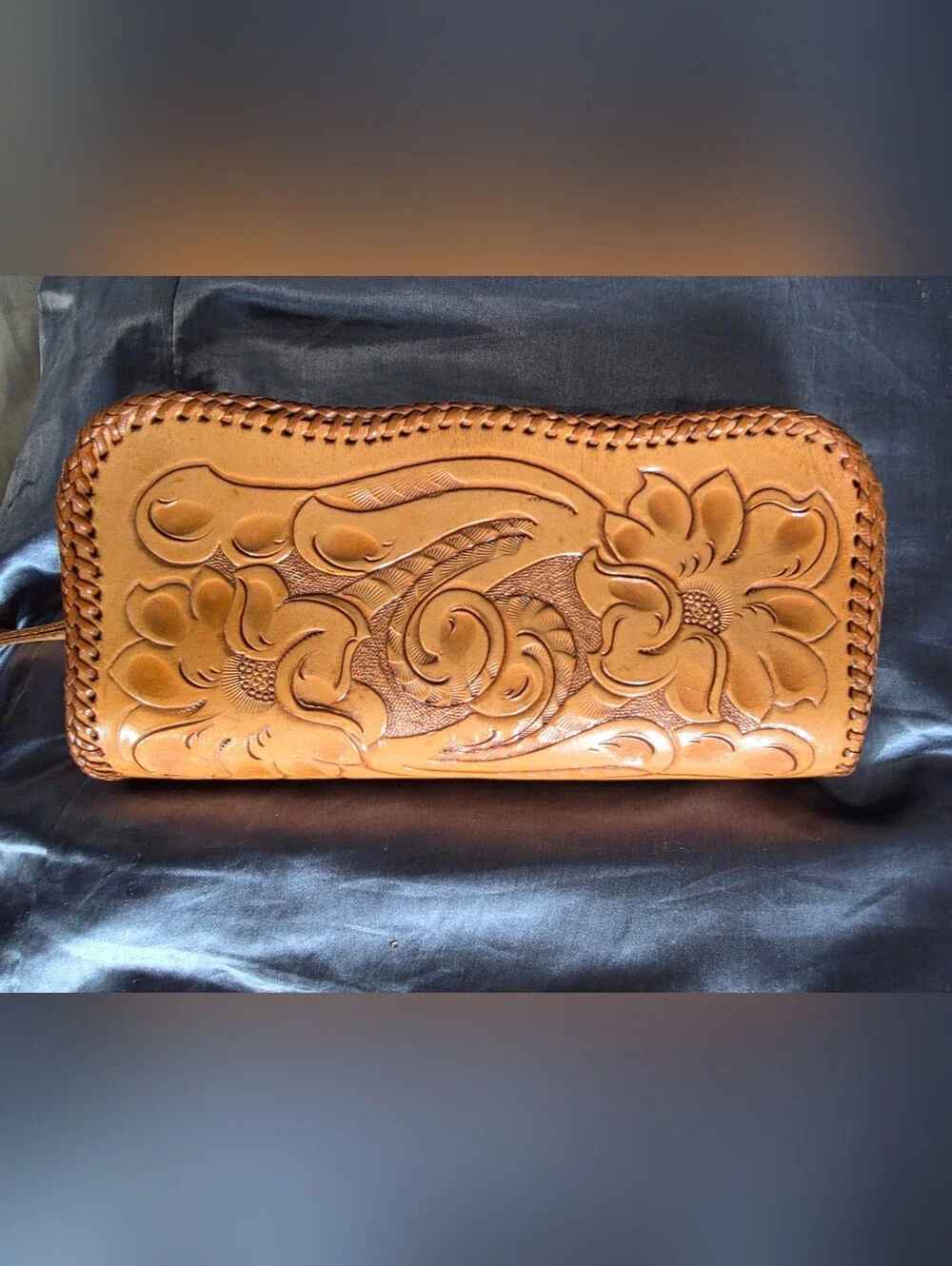 Vintage CLIFTON'S Handmade Hand Tooled Leather Clutch Wristlet